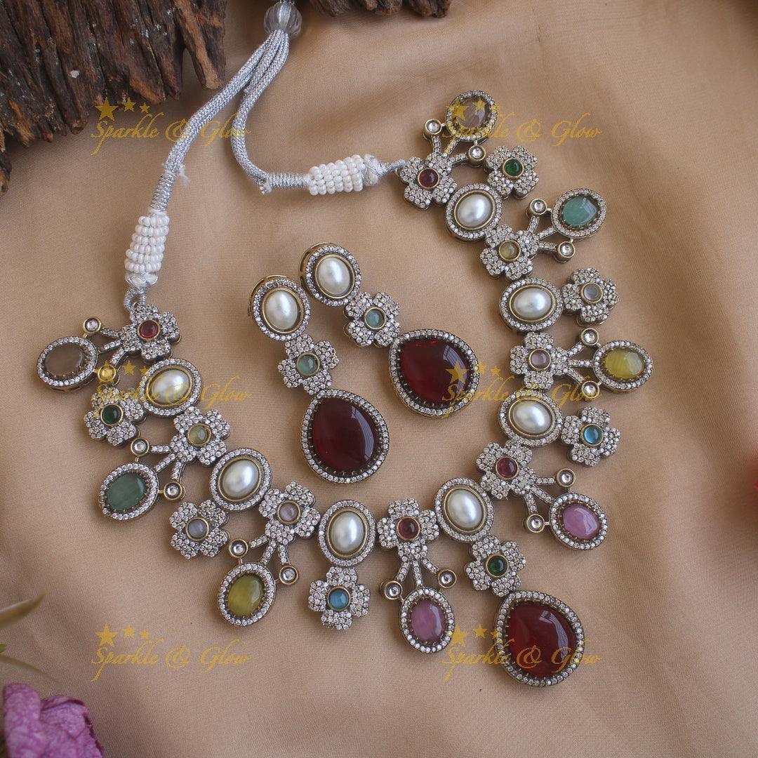 Statement Floral and Oval design Victorian AD short necklace with pearls and stones - Blue - Sparkle and Glow