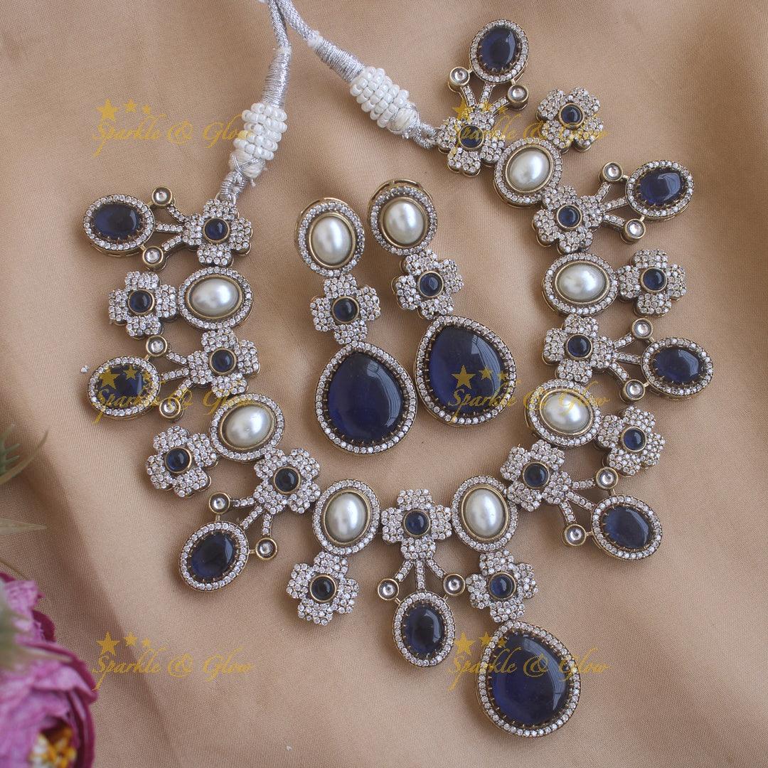 Statement Floral and Oval design Victorian AD short necklace with pearls and stones - Blue - Sparkle and Glow
