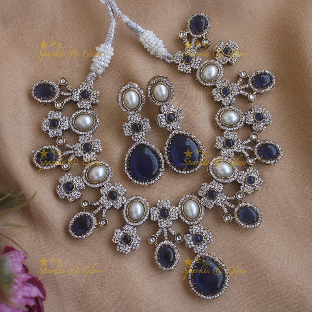 Statement Floral and Oval design Victorian AD short necklace with pearls and stones - Blue - Sparkle and Glow