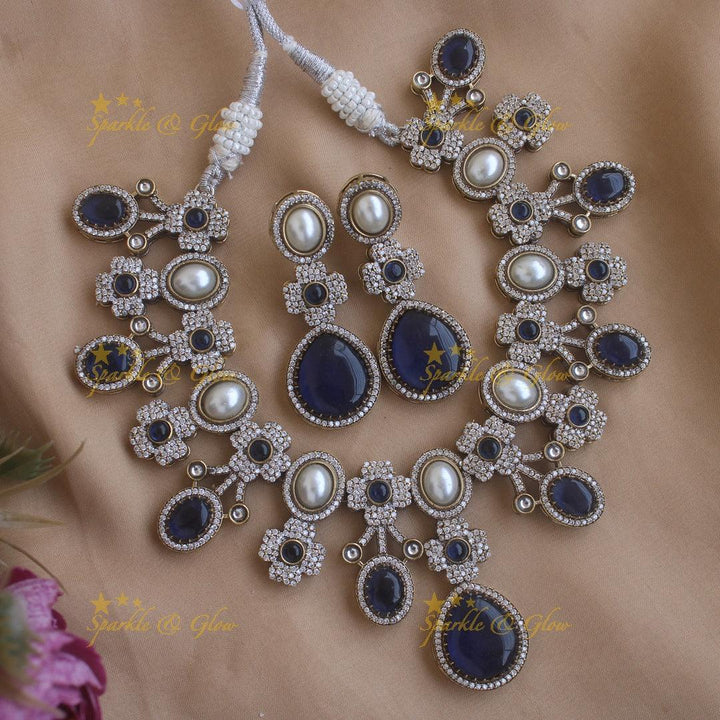 Statement Floral and Oval design Victorian AD short necklace with pearls and stones - Blue - Sparkle and Glow