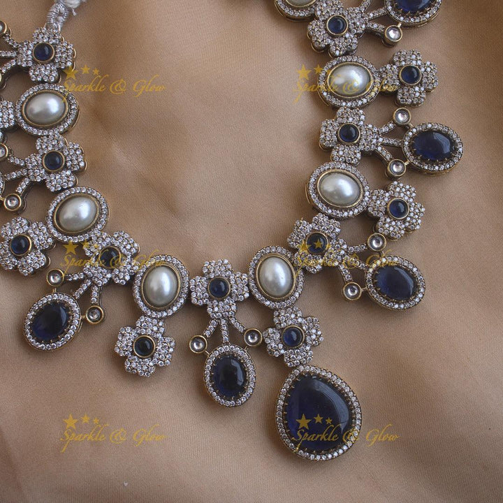 Statement Floral and Oval design Victorian AD short necklace with pearls and stones - Blue - Sparkle and Glow
