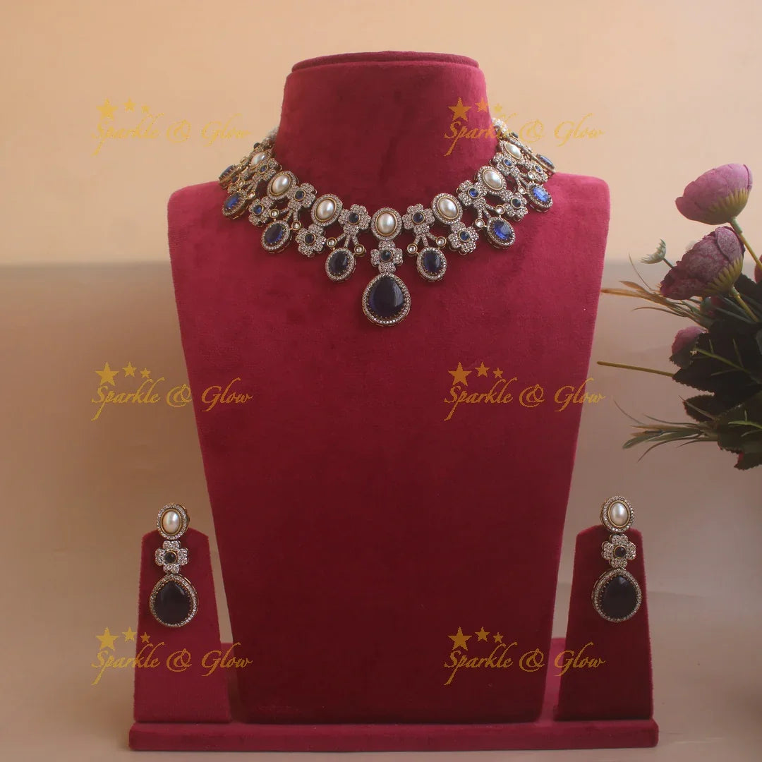 Statement Floral and Oval design Victorian AD short necklace with pearls and stones - Blue - Sparkle and Glow