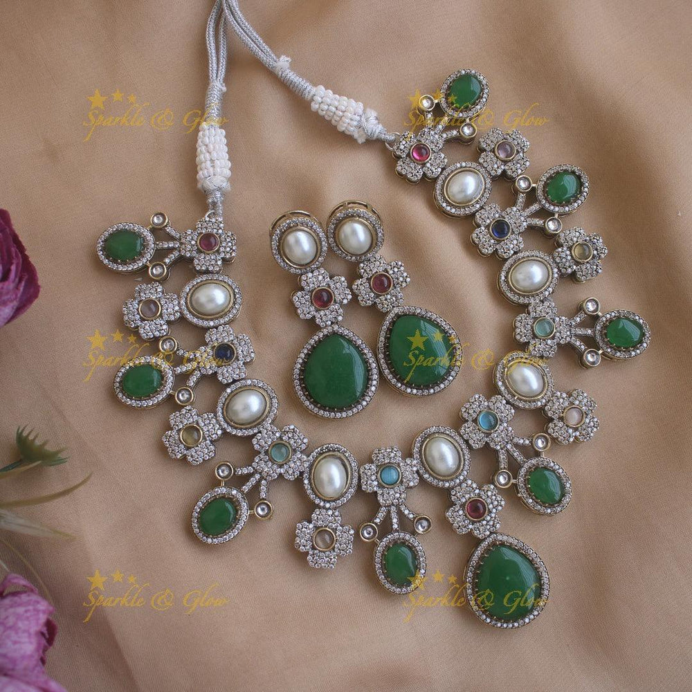 Statement Floral and Oval design Victorian AD short necklace with pearls and stones - Blue - Sparkle and Glow