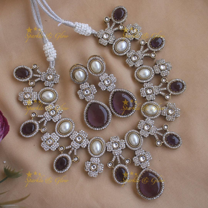 Statement Floral and Oval design Victorian AD short necklace with pearls and stones - Blue - Sparkle and Glow