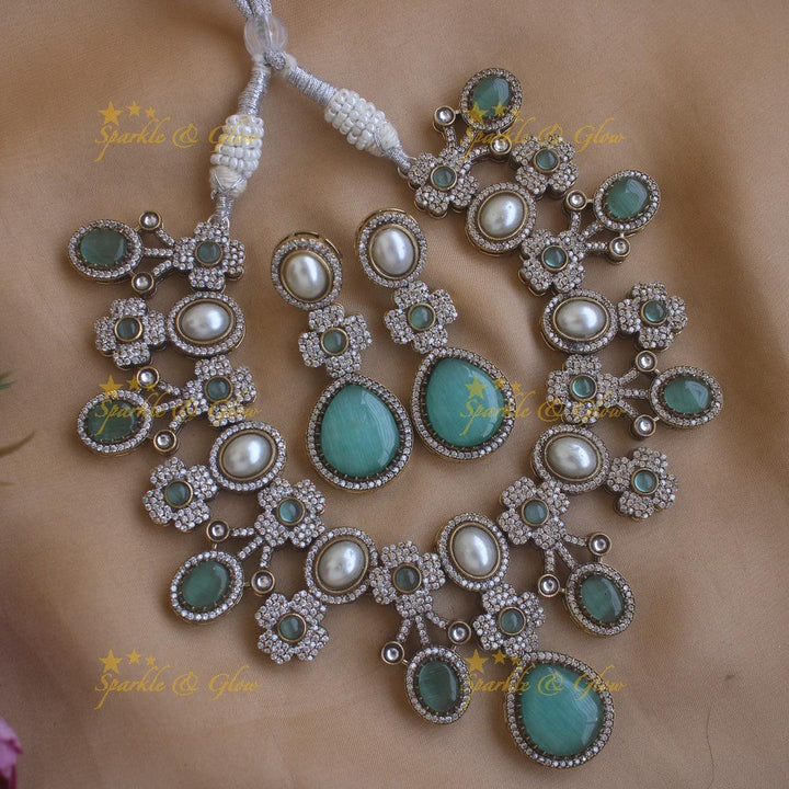 Statement Floral and Oval design Victorian AD short necklace with pearls and stones - Blue - Sparkle and Glow