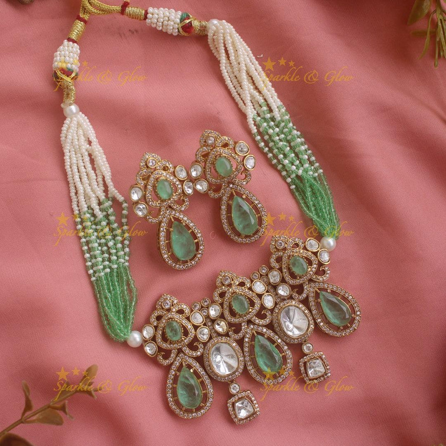 Elegant Leaf design victorian AD choker with multi layer pearls and mint green beads - Sparkle and Glow