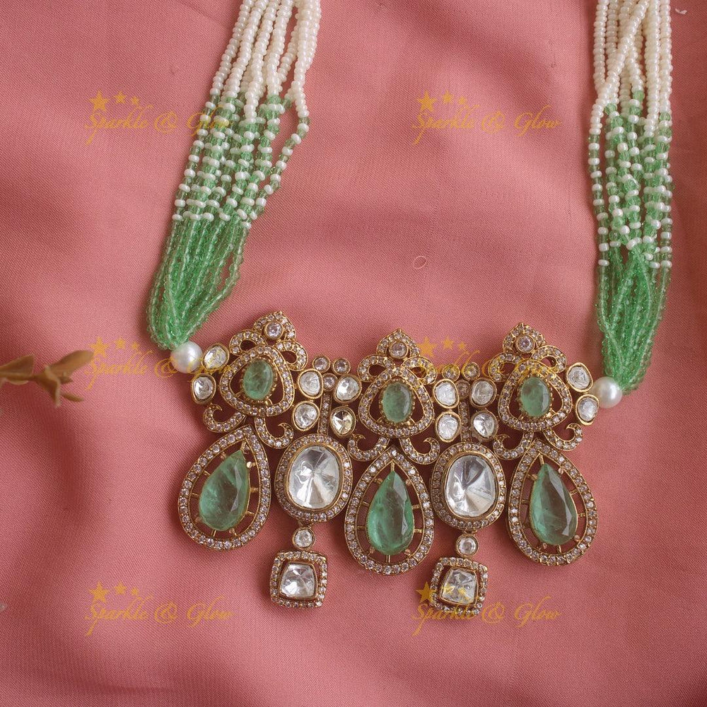 Elegant Leaf design victorian AD choker with multi layer pearls and mint green beads - Sparkle and Glow