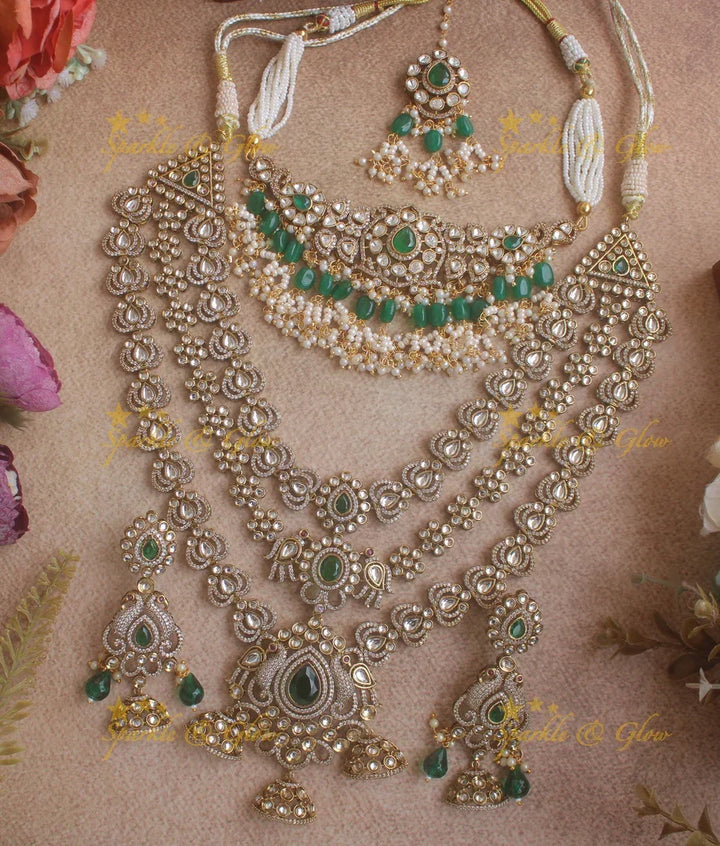Grand Peacock and Floral Victorian AD Bridal Necklace Set with Maang tikka with green beads and stones - Sparkle and Glow