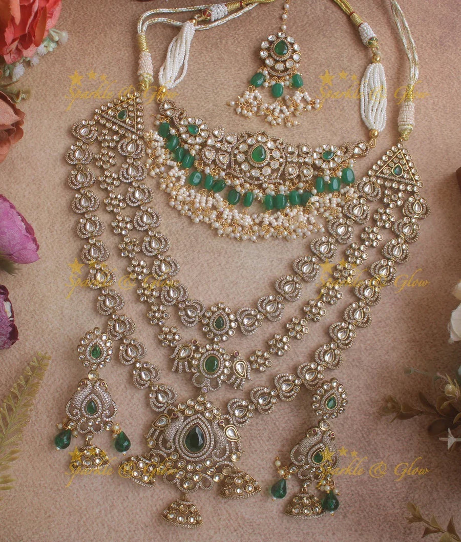 Grand Peacock and Floral Victorian AD Bridal Necklace Set with Maang tikka with green beads and stones - Sparkle and Glow