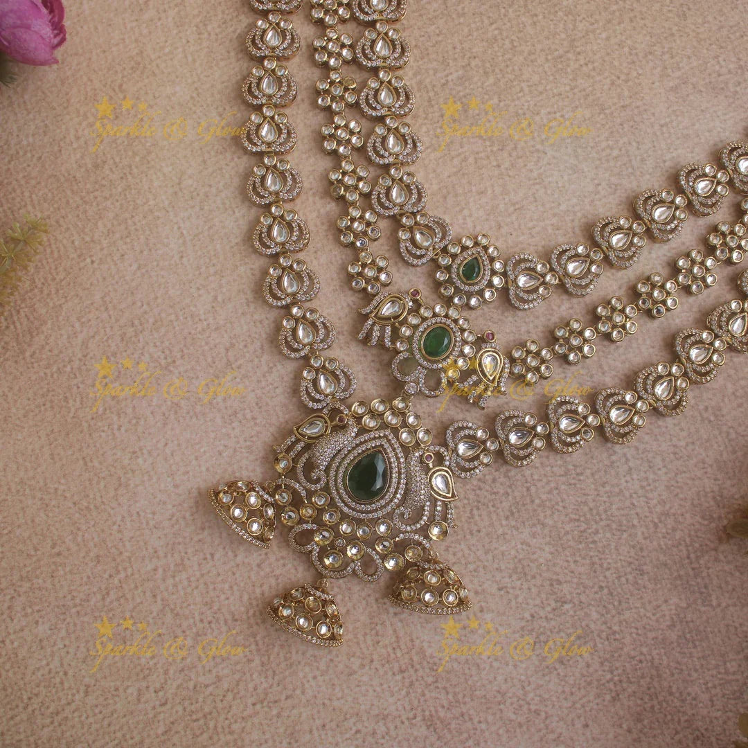 Grand Peacock and Floral Victorian AD Bridal Necklace Set with Maang tikka with green beads and stones - Sparkle and Glow