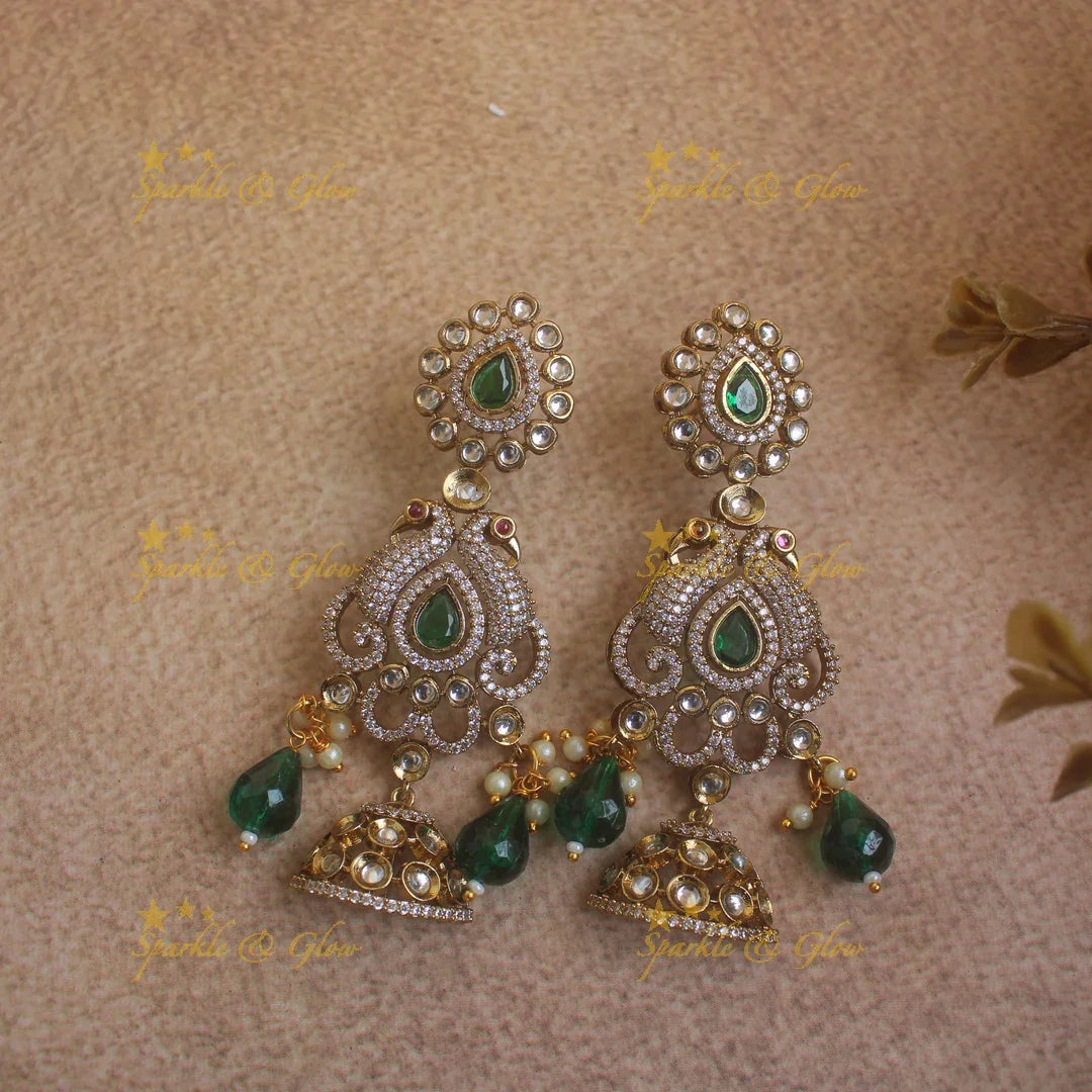 Grand Peacock and Floral Victorian AD Bridal Necklace Set with Maang tikka with green beads and stones - Sparkle and Glow