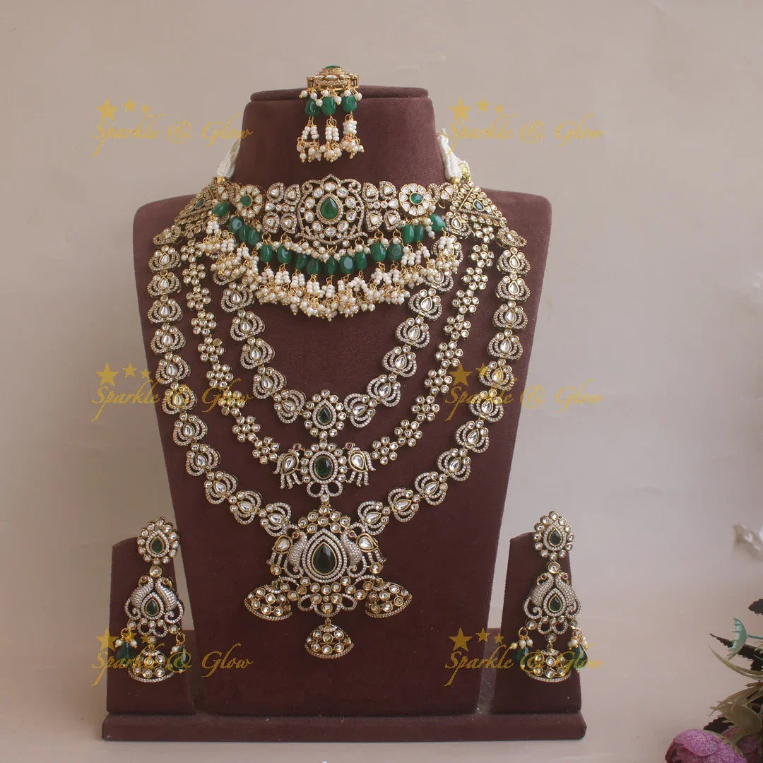 Grand Peacock and Floral Victorian AD Bridal Necklace Set with Maang tikka with green beads and stones - Sparkle and Glow