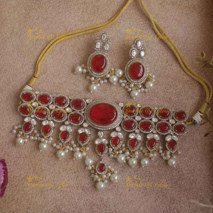 Gorgeous Oval stone victorian AD choker with pearl drops - mint green - Sparkle and Glow