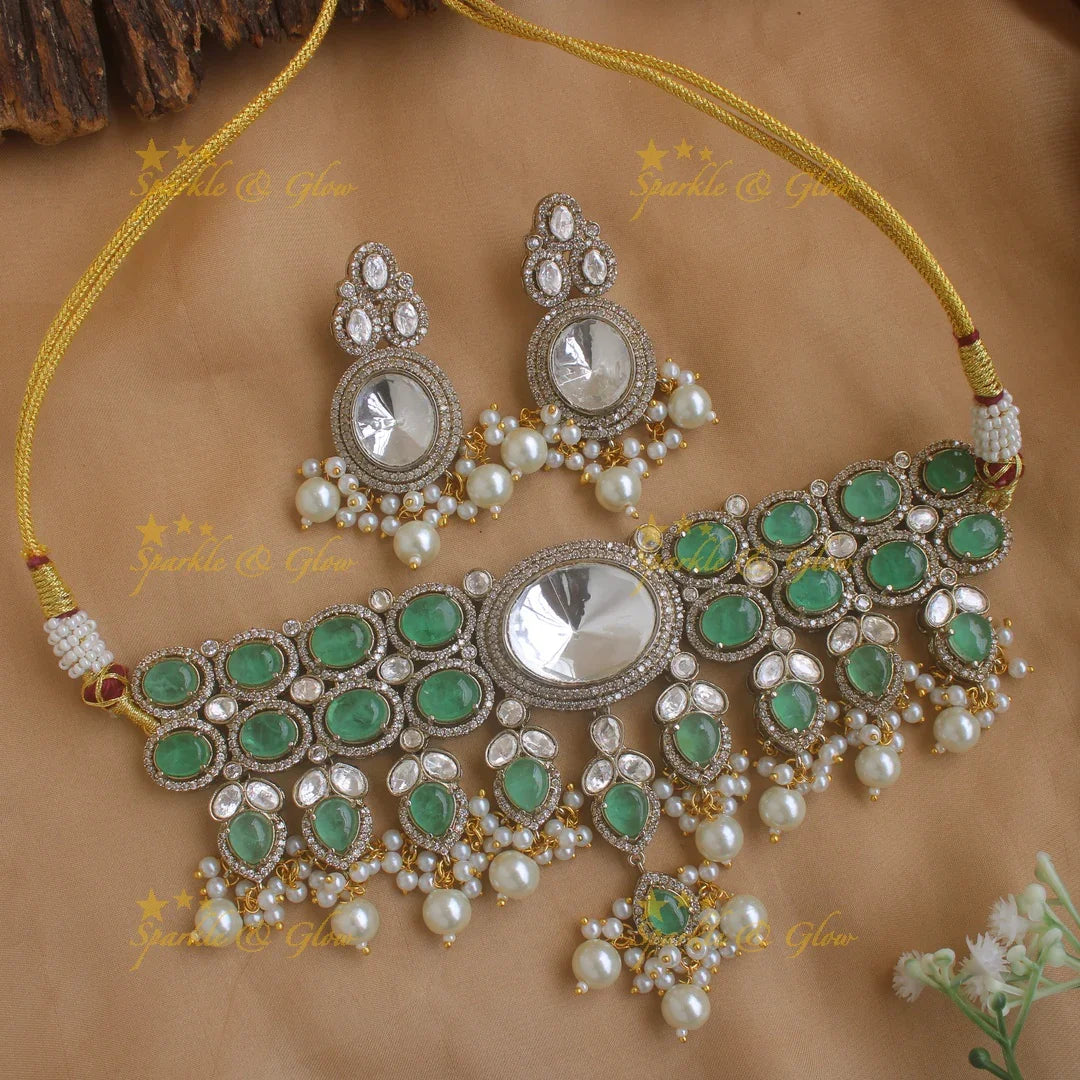 Gorgeous Oval stone victorian AD choker with pearl drops - mint green - Sparkle and Glow