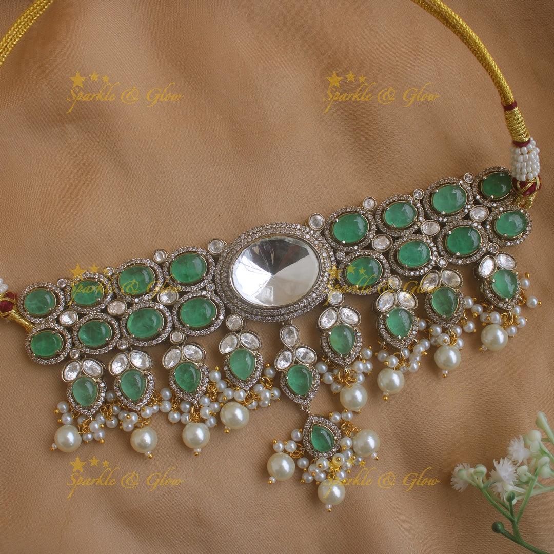 Gorgeous Oval stone victorian AD choker with pearl drops - mint green - Sparkle and Glow