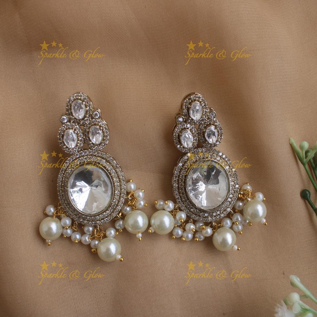 Gorgeous Oval stone victorian AD choker with pearl drops - mint green - Sparkle and Glow