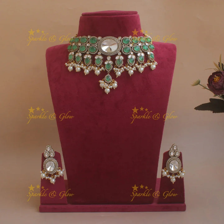 Gorgeous Oval stone victorian AD choker with pearl drops - mint green - Sparkle and Glow