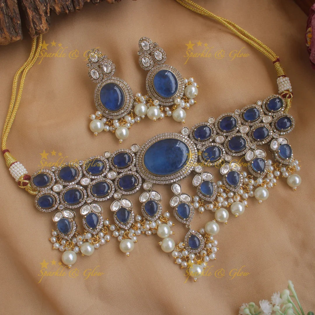 Gorgeous Oval stone victorian AD choker with pearl drops - mint green - Sparkle and Glow