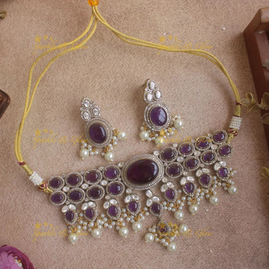 Gorgeous Oval stone victorian AD choker with pearl drops - mint green - Sparkle and Glow