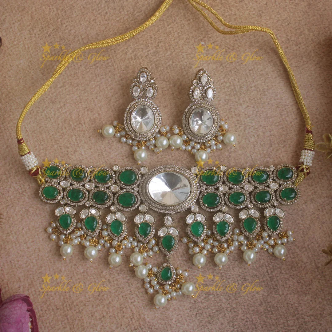 Gorgeous Oval stone victorian AD choker with pearl drops - mint green - Sparkle and Glow