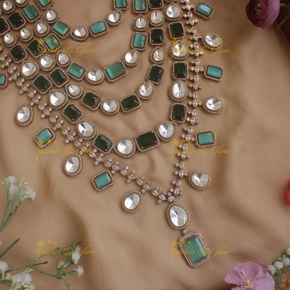 Statement Multi layer Victorian AD Rani haram with green and mint green beads with maang tikka - Sparkle and Glow