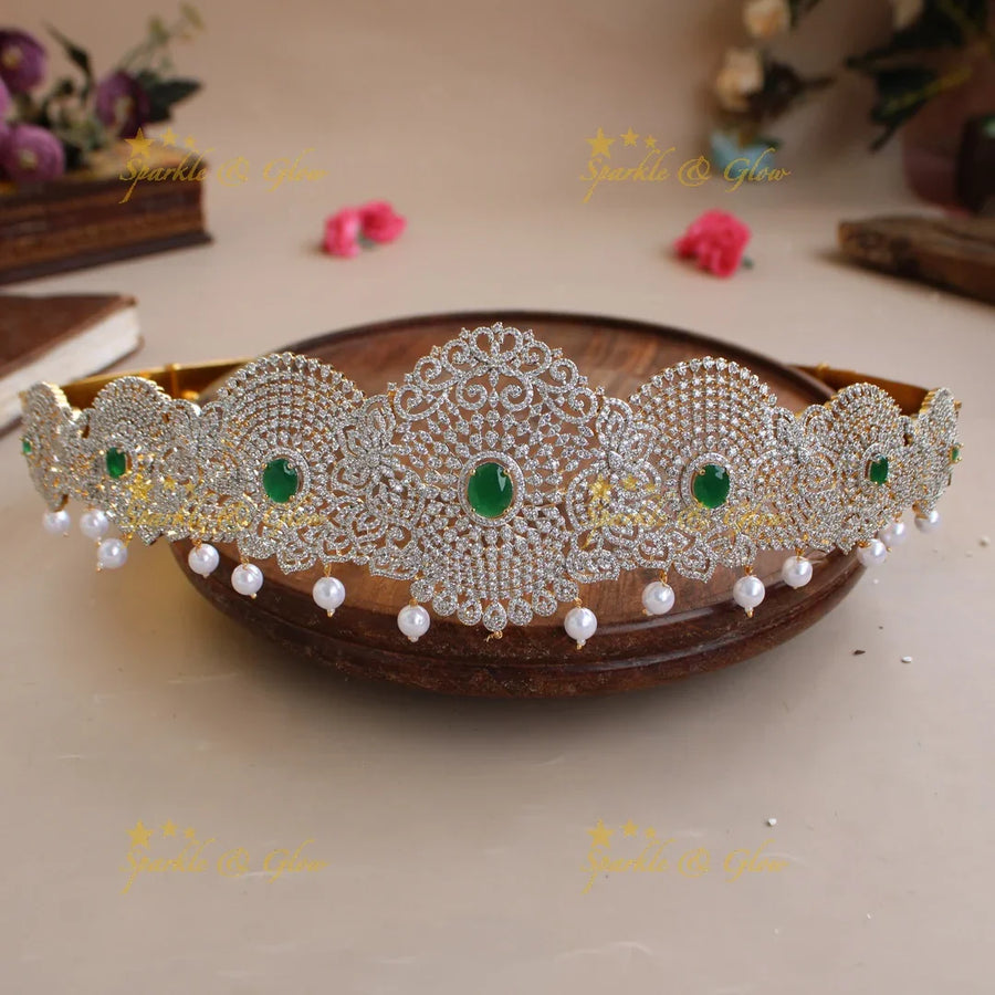 Gorgeous Floral design American diamond hipbelt with emerald and pearl drops - Sparkle and Glow