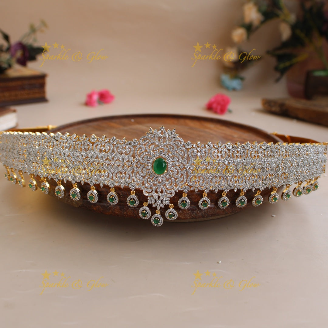 Elegant Floral design American diamond hipbelt with emeralds