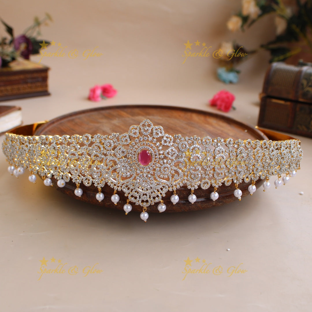 Beautiful Floral design American diamond hipbelt with ruby in centre and pearl drops