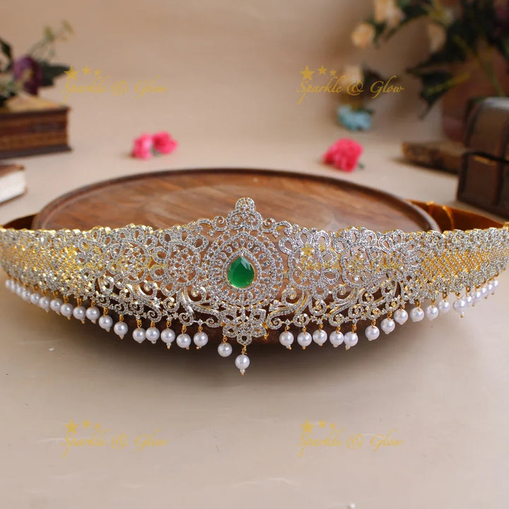 Glittering Floral and branch design American diamond hipbelt with emerald in centre and pearl drops - Sparkle and Glow