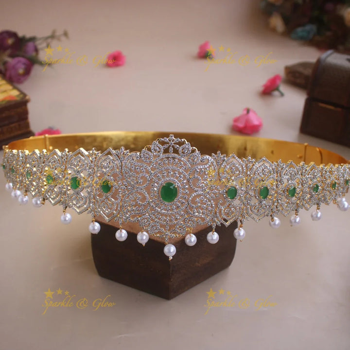 Statement Leaf design American diamond hipbelt with emerald and pearl drops - Sparkle and Glow