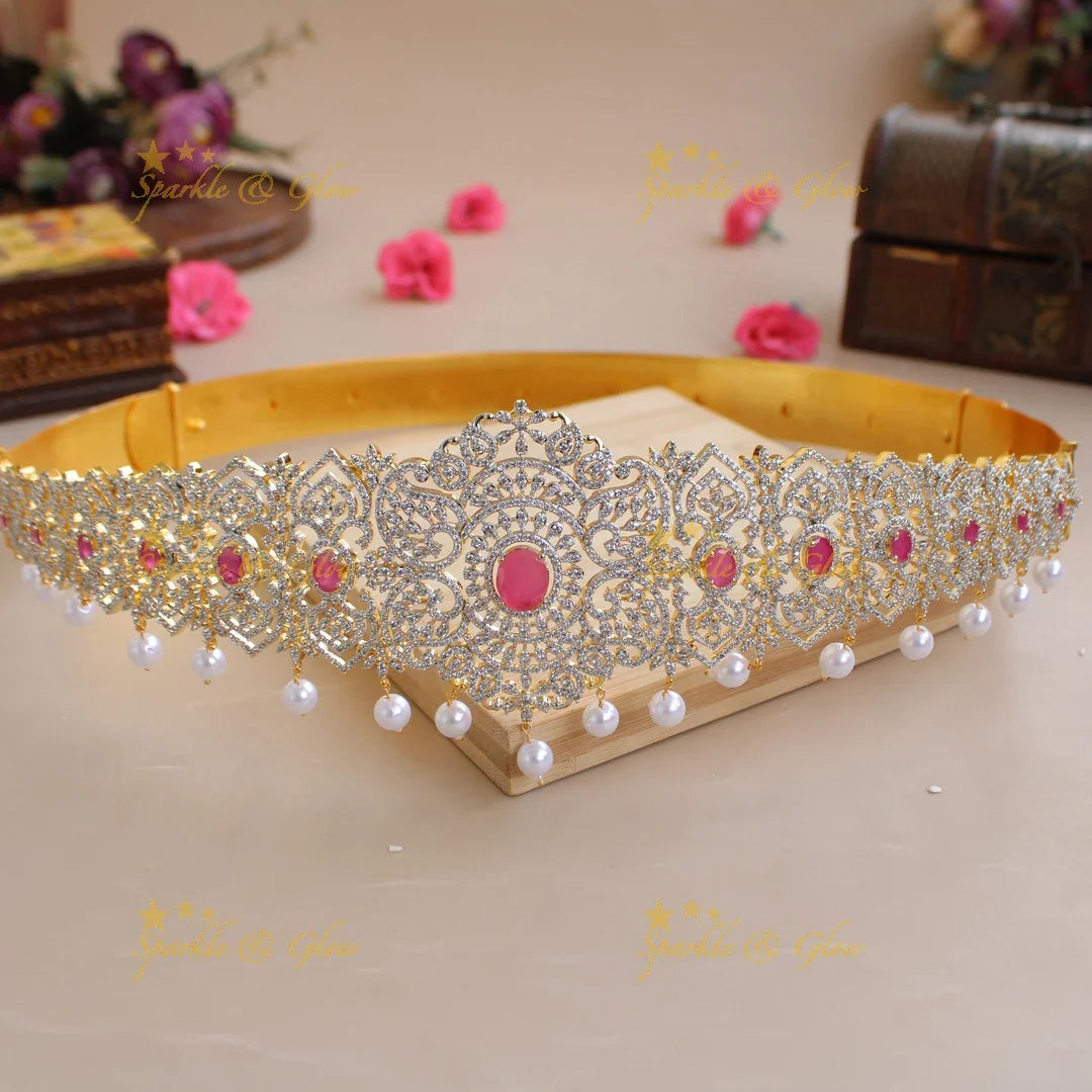 Statement Leaf design American diamond hipbelt with emerald and pearl drops - Sparkle and Glow
