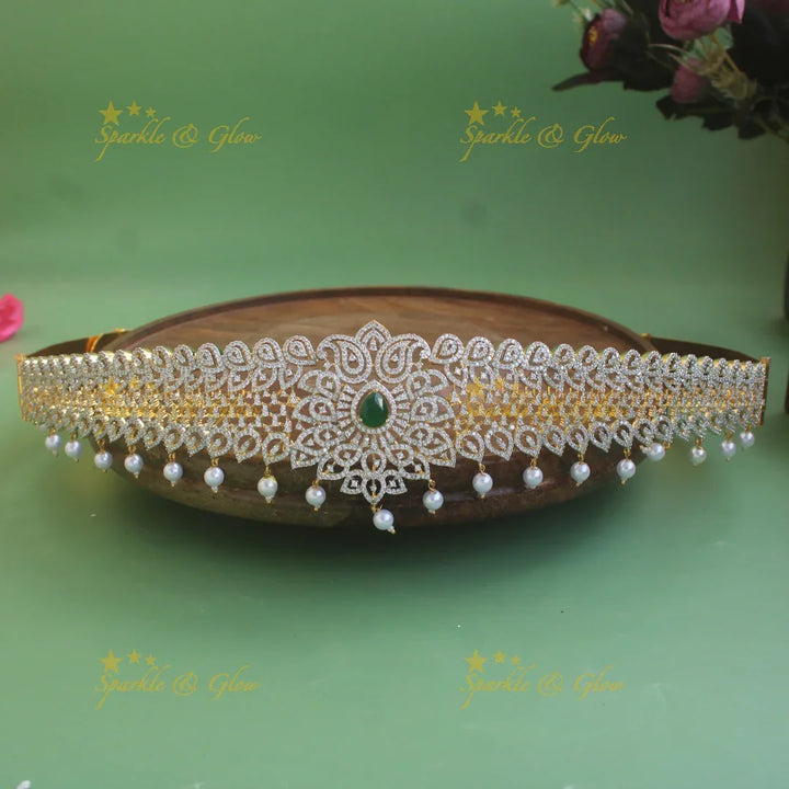 Statement Floral and Mango design American diamond hipbelt with emerald and pearl drops - Sparkle and Glow