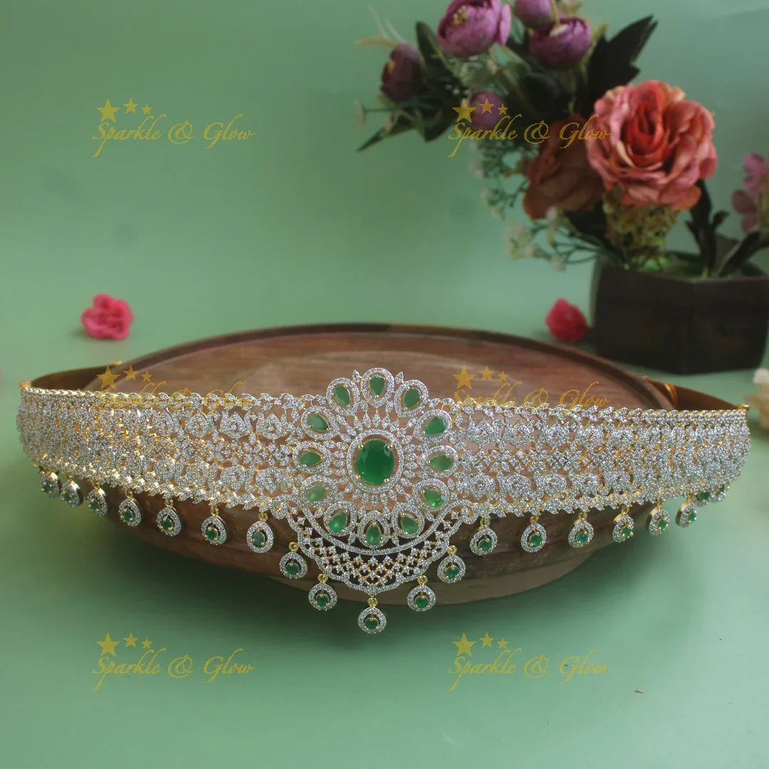 Elegant Floral design American diamond hipbelt with ruby stone drops - Sparkle and Glow