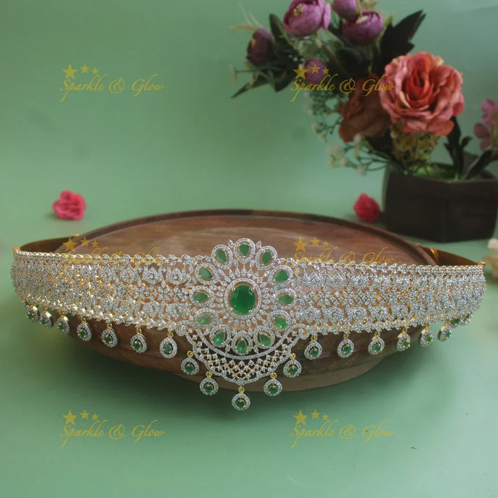 Elegant Floral design American diamond hipbelt with ruby stone drops - Sparkle and Glow