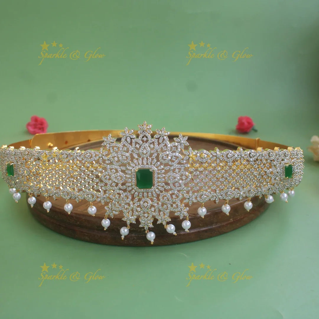 Gorgeous Floral design American diamond hipbelt with emerald and pearl drops - Sparkle and Glow