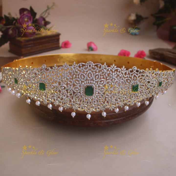 Sparkling Floral design American diamond hipbelt with ruby and pearl drops - Sparkle and Glow