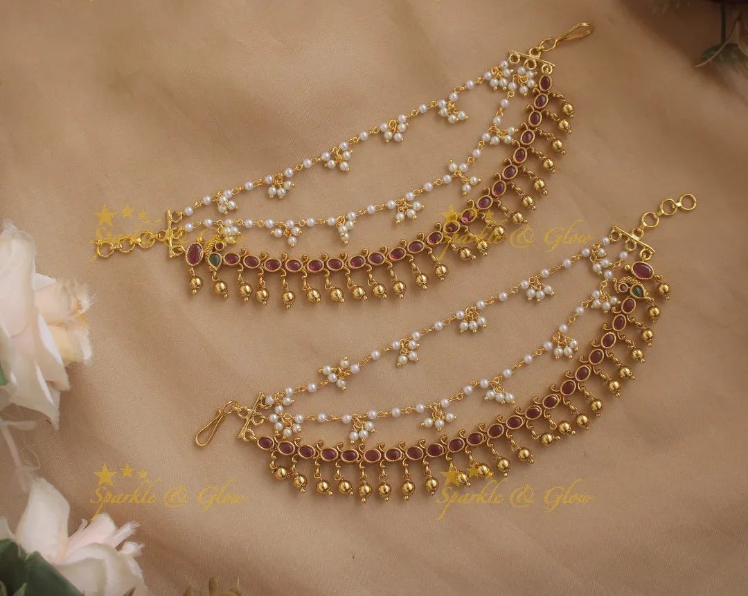 Stunning Kemp Peacock Earchain with Gold beads - Sparkle and Glow