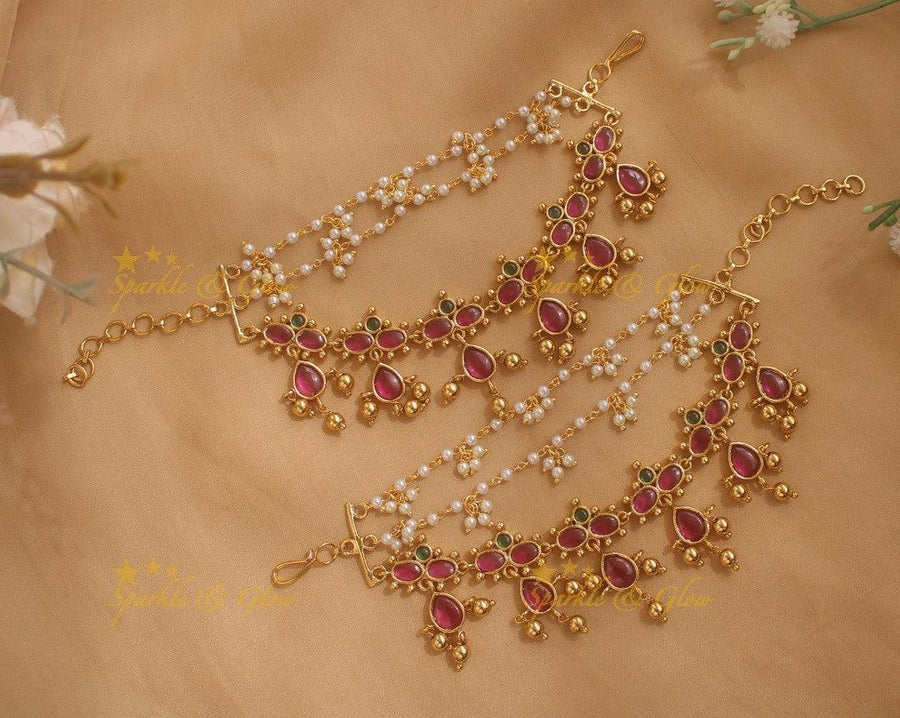 Elegant infinity symbol kemp earchain with oval stones and gold bead drops - Sparkle and Glow