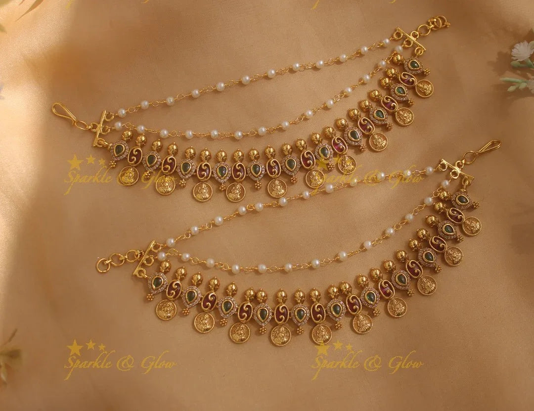 Stunning Oval design Earchain with Lakshmi coin drops - Sparkle and Glow