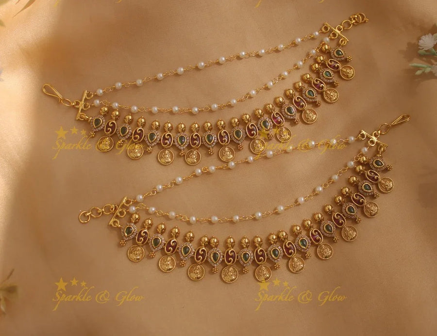 Stunning Oval design Earchain with Lakshmi coin drops - Sparkle and Glow