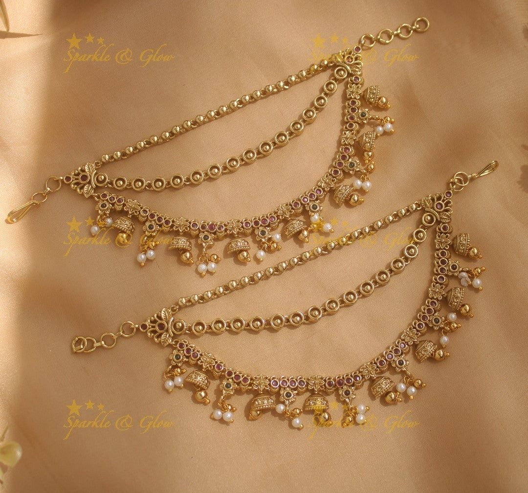 Beautiful Jhumuka drop earchain with Pearls and Gold beads