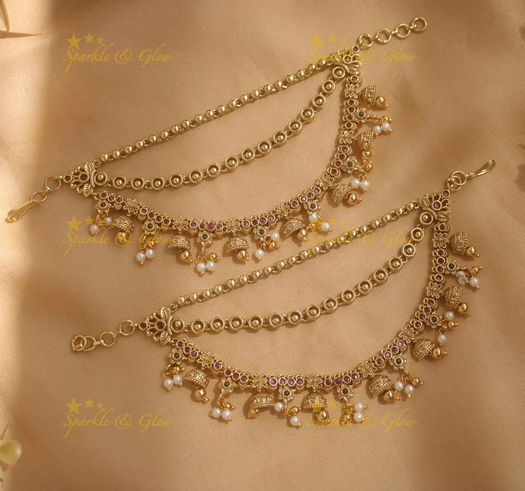 Beautiful Jhumuka drop earchain with Pearls and Gold beads - Sparkle and Glow