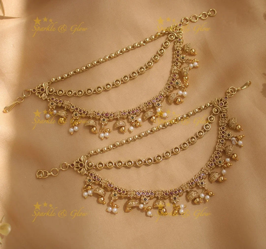 Beautiful Jhumuka drop earchain with Pearls and Gold beads - Sparkle and Glow