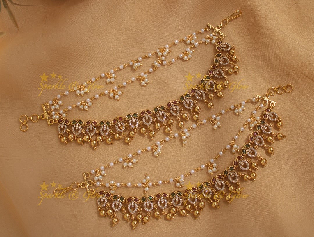 Stunning Leaf design Earchain with Gold Beads