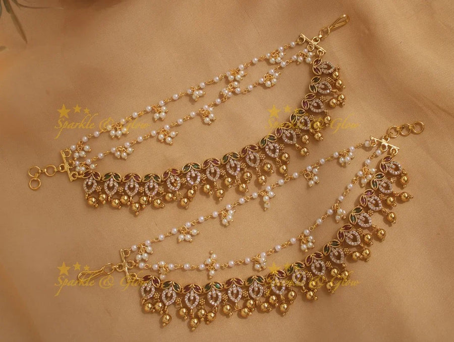 Stunning Leaf design Earchain with Gold Beads - Sparkle and Glow