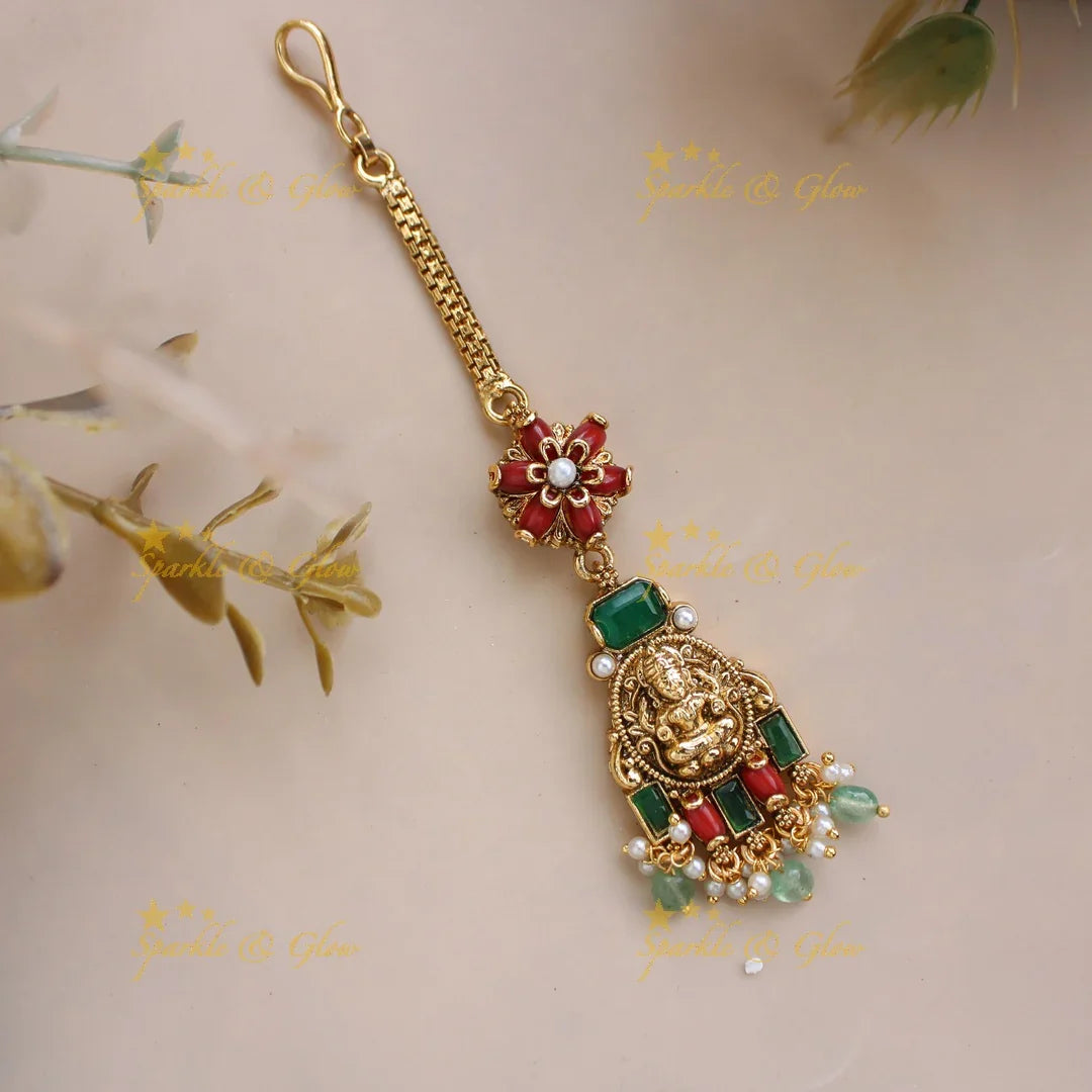 Statement Lakshmi floral maang tikka with coral emerald and mint green beads - Sparkle and Glow