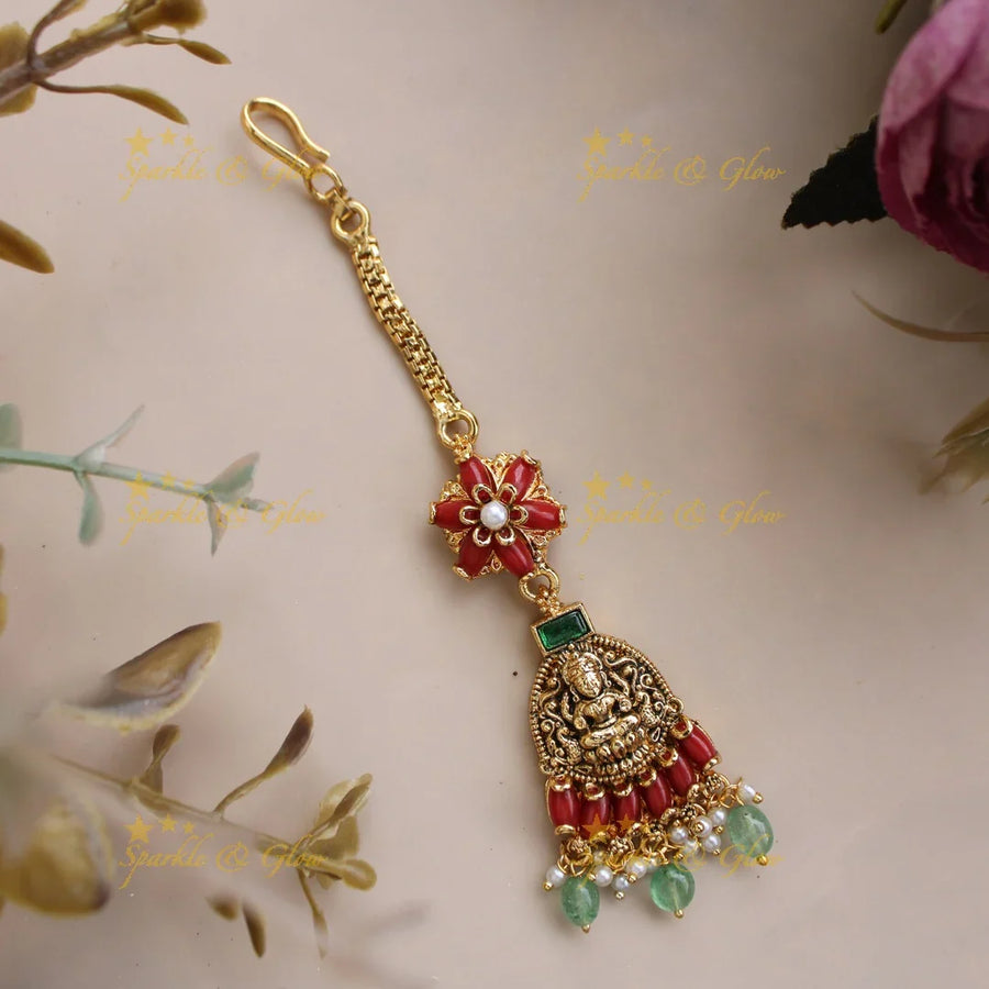 Beautiful Lakshmi floral maang tikka with coral and mint green beads - Sparkle and Glow