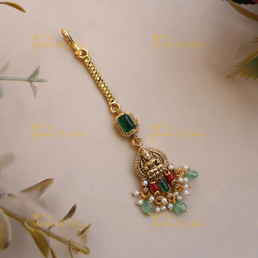 Elegant Lakshmi maang tikka with coral emerald and mint green beads - Sparkle and Glow
