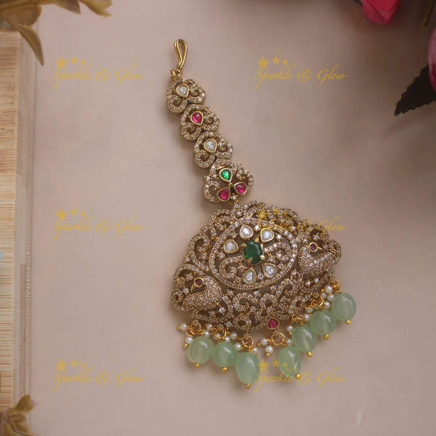 Gorgeous Peacock floral Victorian AD maang tikka with mint green beads - Sparkle and Glow
