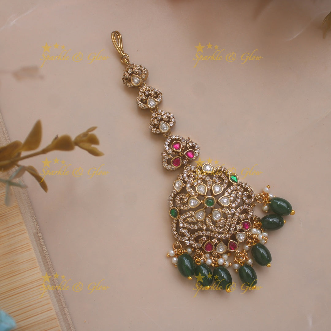 Grand Floral Victorian AD maang tikka with green beads
